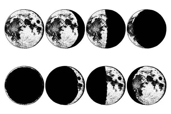 Moon faser planeter i solsystemet. astrologi eller astronomiska galax utrymme. omloppsbana eller cirkel. graverade handritad i gamla skiss, vintage stil för etikett. — Stock vektor