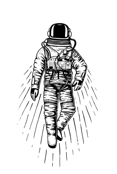 Astronaut spaceman. planets in solar system. astronomical galaxy space. cosmonaut explore adventure. engraved hand drawn in old sketch, vintage style for label or T-shirt. — Stock Vector