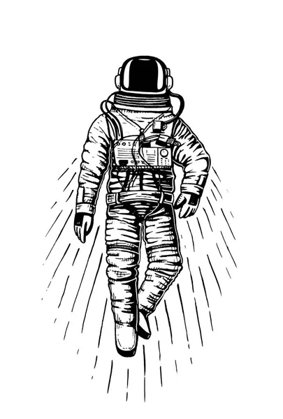 Astronauta spaceman. planety w układzie słonecznym. astronomiczne galaktyka space. kosmonauta Poznaj przygody. grawerowane ręcznie rysowane w stary szkic, Styl vintage etykiety lub T-shirt. — Wektor stockowy