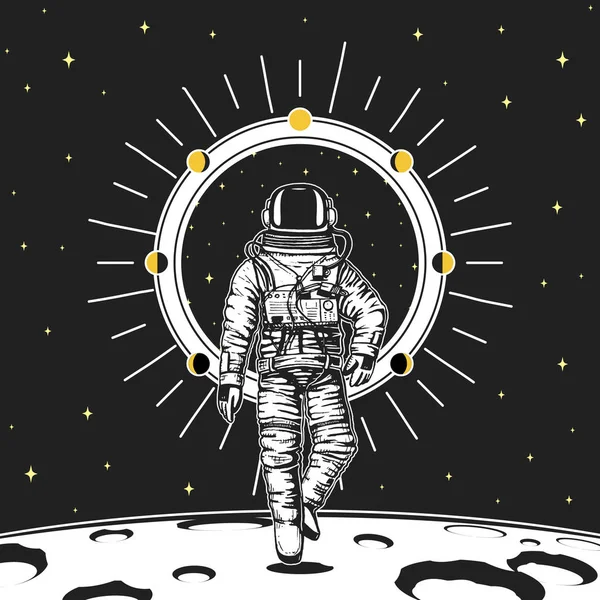Raumfahrer. Mondphasen Planeten im Sonnensystem. Astronomischer Galaxienraum. Kosmonauten erkunden Abenteuer. eingravierte Handzeichnung in alter Skizze, Vintage-Stil für Etikett oder T-Shirt. — Stockvektor