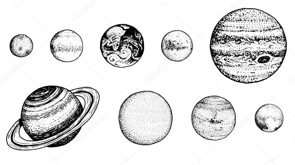 planets in solar system. moon and the sun, mercury and earth, mars and venus, jupiter or saturn and pluto. astronomical galaxy space. engraved hand drawn in old sketch, vintage style for label.