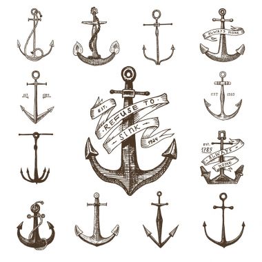 Eski elle çizilmiş içinde oyulmuş vintage çapa veya çizim deniz, su veya deniz Tema, ahşap kesme, mavi logo için stil, dövme