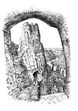 Vintage bir taş ev. Kırsal Doğu Kilisesi dağ veya cliff. rustik Manastırı. oyulmuş elle çizilmiş eski kroki. arka plan Sviatohirsk şehir on Seversky Donets Nehri.