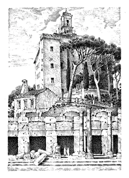 Government building, ruins in Italy. Roman forum. capitol palace. ancient or antique architecture. engraved hand drawn in old sketch, vintage style for vacation tour. — Stock Photo, Image
