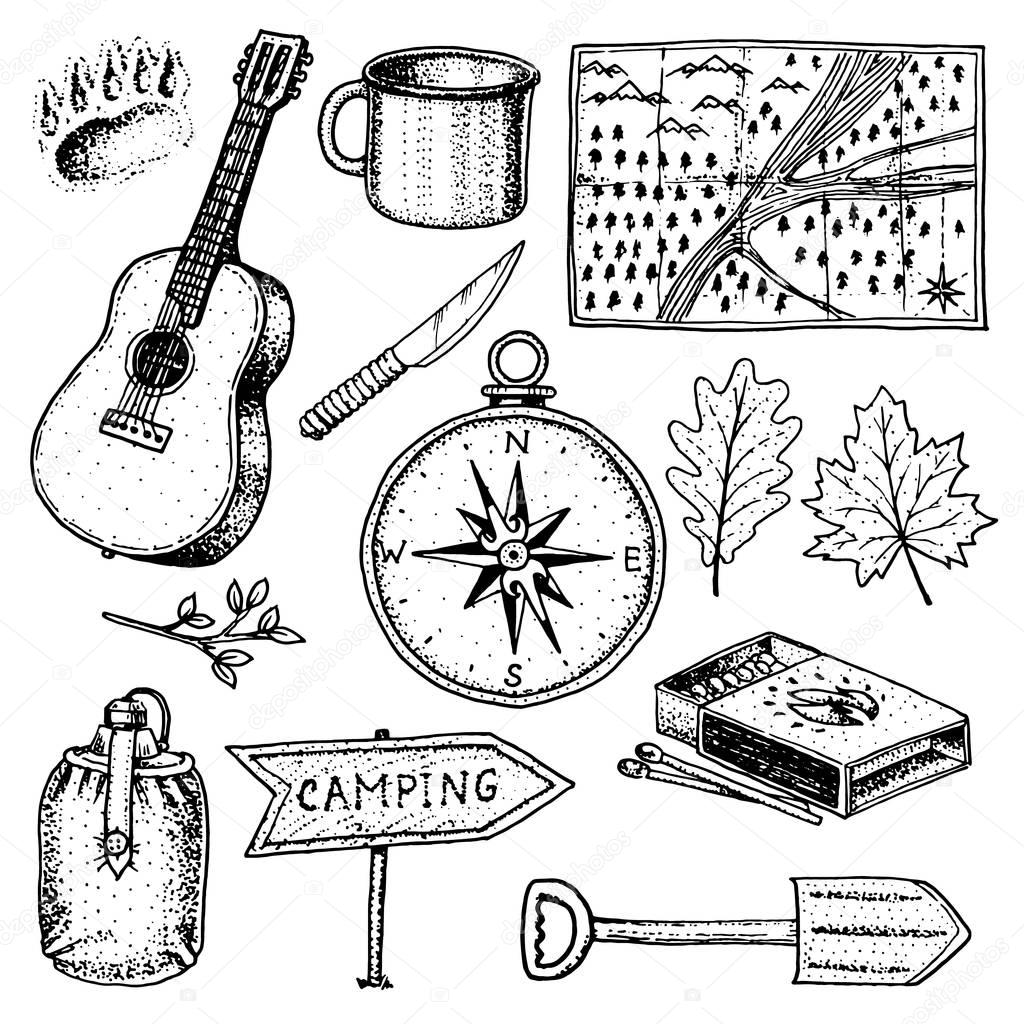 camping trip, outdoor adventure, hiking. Set of tourism equipment. engraved hand drawn in old sketch, vintage style for label. guitar and bear step, map and compass, water and matches, cup and pointer
