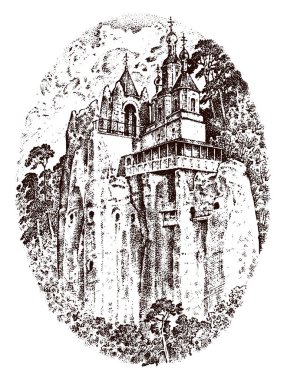 Kırsal kilise dağ veya cliff. rustik Manastırı. oyma el eski kroki ve vintage tarzı menüler için çekilmiş. sahne alan arka plan Sviatohirsk şehir on Seversky Donets Nehri