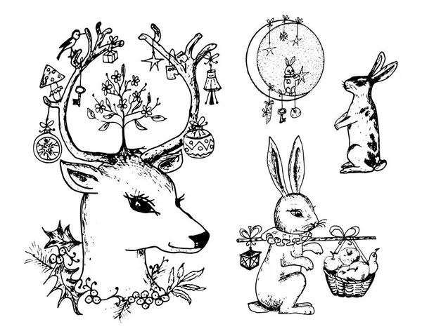 Kerst herten en dier met bloemen in de hoorns. Nieuwjaar Haas en konijn of bunny in het forest. wintervakantie. gegraveerde hand getrokken in oude schets en vintage stijl voor ansichtkaarten. — Stockvector