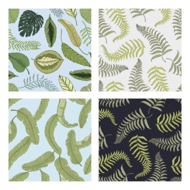 tropikal veya egzotik yaprakları. seamless modeli. yaprak farklı Vintage bitki arıyorum. muz botanik kümesiyle palmiye. çiçekler vintage, elle çizilmiş kazınmış. Botanik organik ürün. yeşil arka plan.