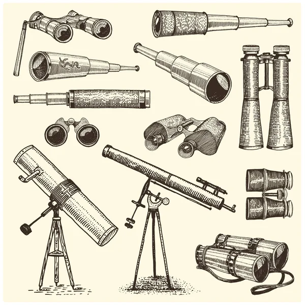 Conjunto binocular vintage monocular, mão gravada desenhada em esboço ou estilo de corte de madeira, velho instrumento cinético retro olhando para explorar e descobrir . —  Vetores de Stock