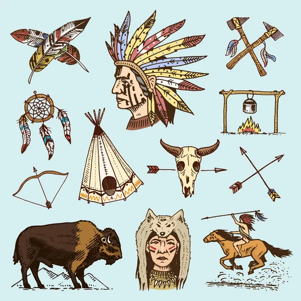 Indiano o nativo americano. bufalo, asce e tenda, frecce e arco, teschio, acchiappasogni e cherokee, tomahawk. serie di vintage incisi, disegnati a mano, vecchi, etichette o distintivi . — Vettoriale Stock