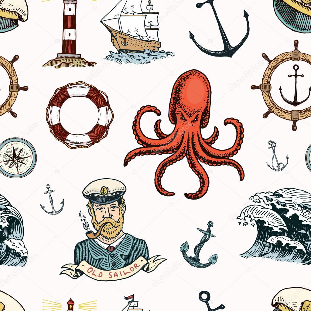 Marine and nautical or sea, ocean emblems. seamless pattern. set of engraved vintage, hand drawn, old, labels or badges for a life ring, a cannon ball, a captain with a pipe.
