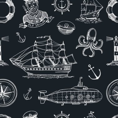 Deniz ve deniz ya da deniz, okyanus Amblemler. seamless modeli. oyulmuş vintage, el çekilmiş, eski, etiket veya bir hayat yüzük, topu topu, bir Kaptan deniz gemi için rozetleri kümesi.