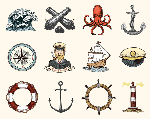 Marine and nautical or sea, ocean emblems. set of engraved vintage, hand drawn, old, labels or badges for a life ring, a cannon ball, a captain with a pipe. welcome aboard, two anchors, sailor.