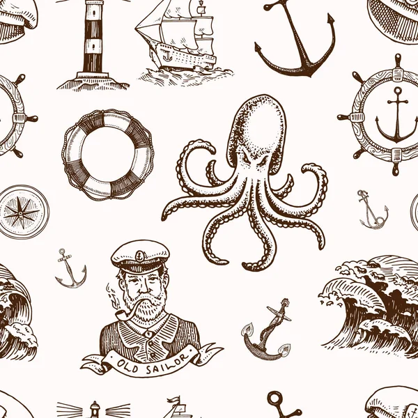 Marinha e náutica ou mar, emblemas oceânicos. padrão sem costura. jogo de vintage gravado, desenhado à mão, velho, etiquetas ou distintivos de um anel de vida, uma bola de canhão, um capitão com um tubo . — Vetor de Stock