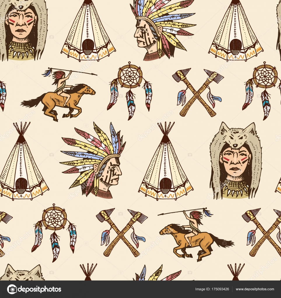 印第安人或美洲原住民。无缝模式。斧头和帐篷, 追逐和切罗基, 战斧。一套雕刻的老式, 手绘, 旧, 标签或徽章.  图库矢量图©ArthurBalitskiy 175093426, image size:1600x1700