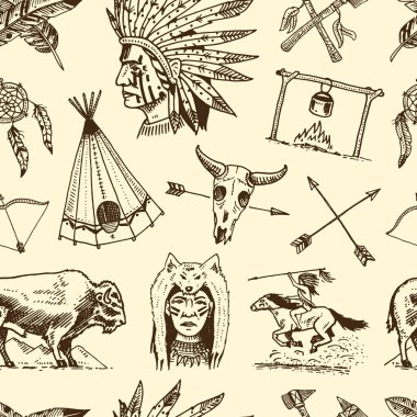 Hint ya da Kızılderili. seamless modeli. Buffalo, eksenler ve çadır, ok ve yay, kafatası, Dreamcatcher ve cherokee, tomahawk. oyulmuş vintage, el çekilmiş, eski, etiket veya rozetleri kümesi.