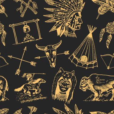 Hint ya da Kızılderili. seamless modeli. Buffalo, eksenler ve çadır, ok ve yay, kafatası, Dreamcatcher ve cherokee, tomahawk. oyulmuş vintage, el çekilmiş, eski, etiket veya rozetleri kümesi.