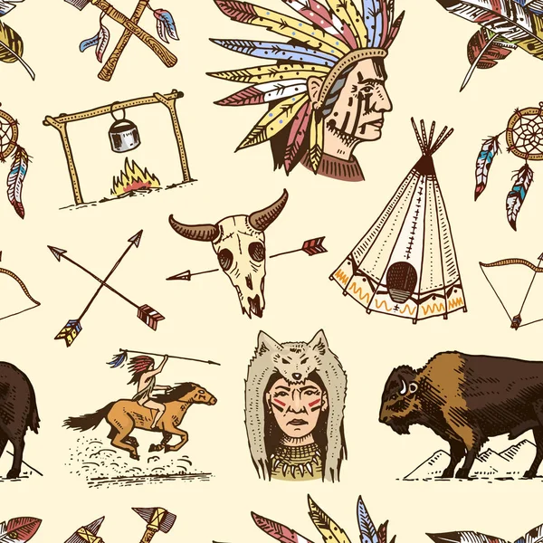 印第安人或美洲原住民。无缝模式。水牛, 斧头和帐篷, 箭和弓, 头骨, 追逐和切罗基, 战斧。一套雕刻的老式, 手绘, 旧, 标签或徽章. — 图库矢量图片