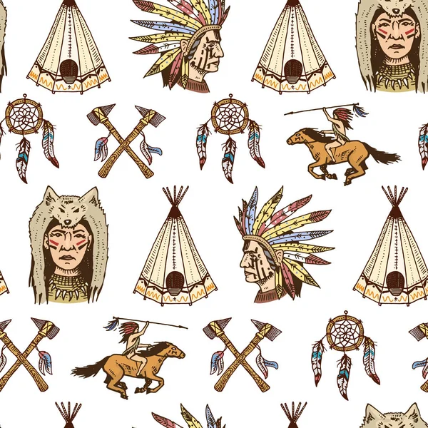 Indiska eller indianska. Seamless mönster. yxor och tält, drömfångare och cherokee, tomahawk. uppsättning av graverade vintage, hand dras, gamla, etiketter eller märken. — Stock vektor
