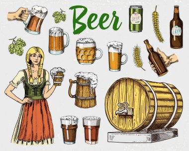 Bira cam, kupa veya şişe, ahşap varil. web, parti için davetiye veya pub menü eski kroki ve vintage tarzı çizilmiş mürekkep el oyulmuş. Beyaz arka plan üzerinde izole tasarım öğesi.