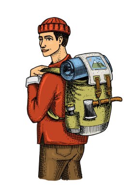 Adam sırt çantası ve Bagaj ile seyahat. kamp gezisi, açık macera, hiking. Hipster Turizm. oyulmuş elle de eski, tatil tur için vintage tarzı çizilmiş.