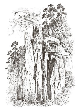 Kırsal kilise dağ veya cliff. rustik Manastırı. oyma el eski kroki ve vintage tarzı menüler için çekilmiş. sahne alan arka plan Sviatohirsk şehir on Seversky Donets Nehri