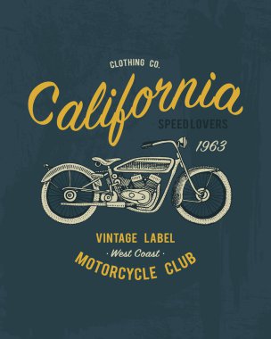 Hayvan ile baskı motosiklet veya taşıma, t-shirt grafik, tasarım tee. Vektör grunge arka plan. Vintage yazı ve poster, yazdırma veya başlık. Amerika tipografi. oyulmuş elle çizilmiş.