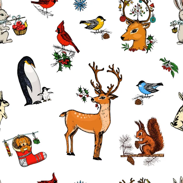Seamless pattern deer, squirrel and Christmas animals. New Year penguin and bird cardinal or tit in the forest. winter holidays. engraved hand drawn in old sketch and vintage style for postcards. — Wektor stockowy