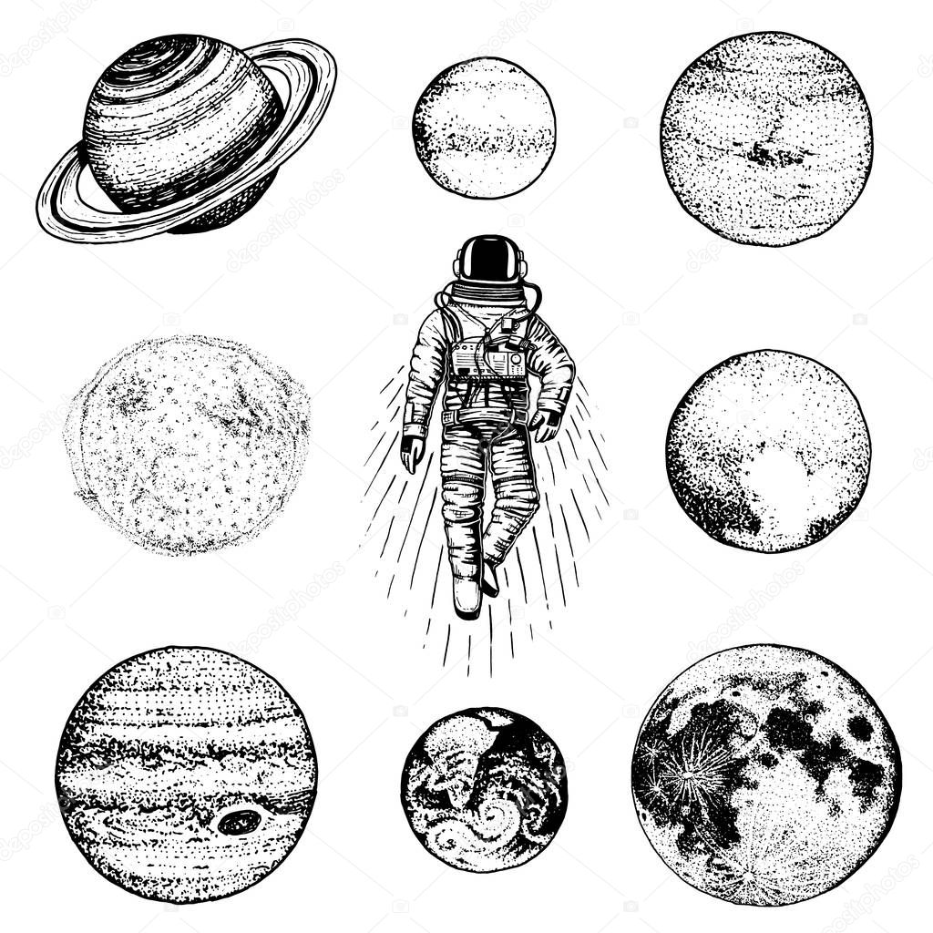 astronaut spaceman. planets in solar system. astronomical galaxy space. cosmonaut explore adventure. engraved hand drawn in old sketch. moon and the sun and earth, mars and venus, jupiter or saturn.