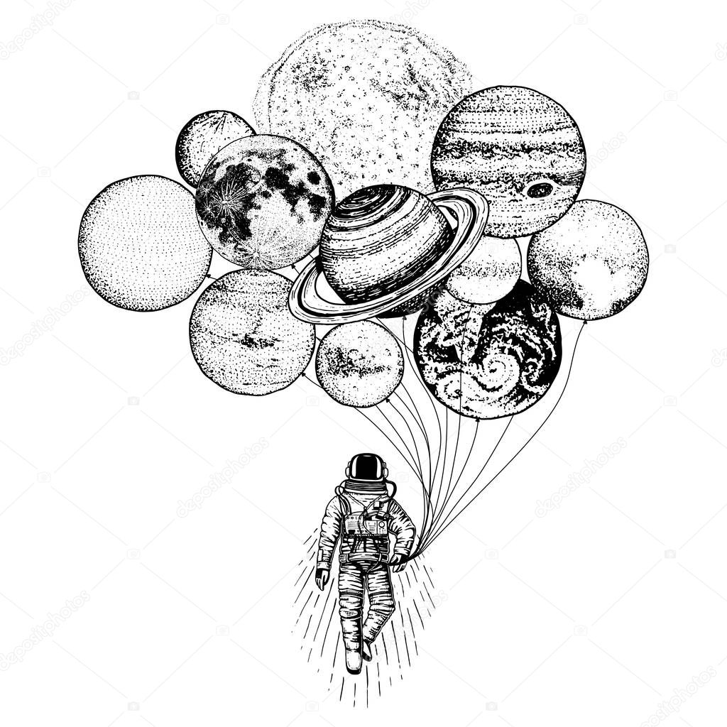 astronaut spaceman. planets in solar system. astronomical galaxy space. cosmonaut explore adventure. engraved hand drawn in old sketch. moon and the sun and earth, mars and venus, balloons.