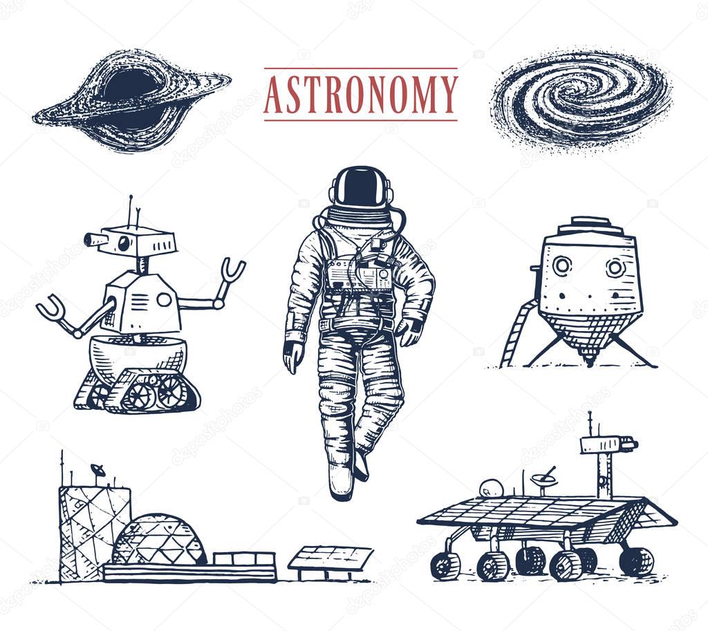 astronaut spaceman. planets in solar system. astronomical galaxy. cosmonaut explore adventure. engraved hand drawn in old sketch, vintage style. space shuttle, robot and mars, lunar rover