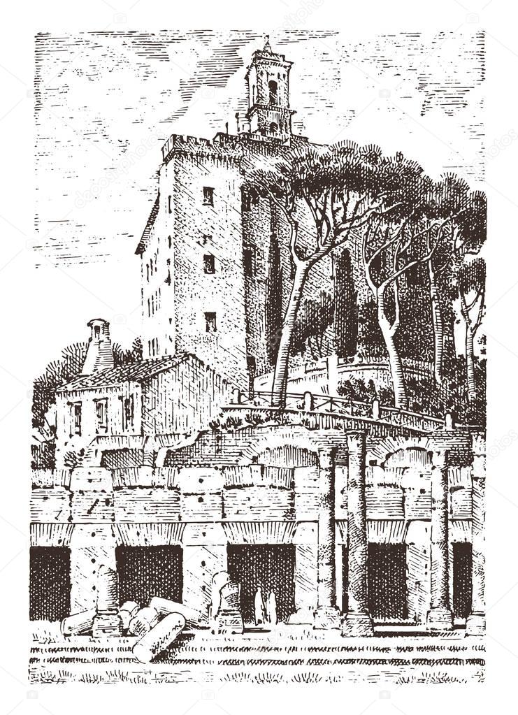 government building, ruins in Italy. Roman forum. capitol palace. ancient or antique architecture. engraved hand drawn in old sketch, vintage style for vacation tour.