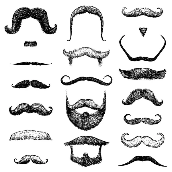 男人的胡子和滑稽的胡子, 时髦和复古的理发师或理发师在透明的背景。镌刻在旧素描, 老式风格的包装和标志画的手. — 图库矢量图片