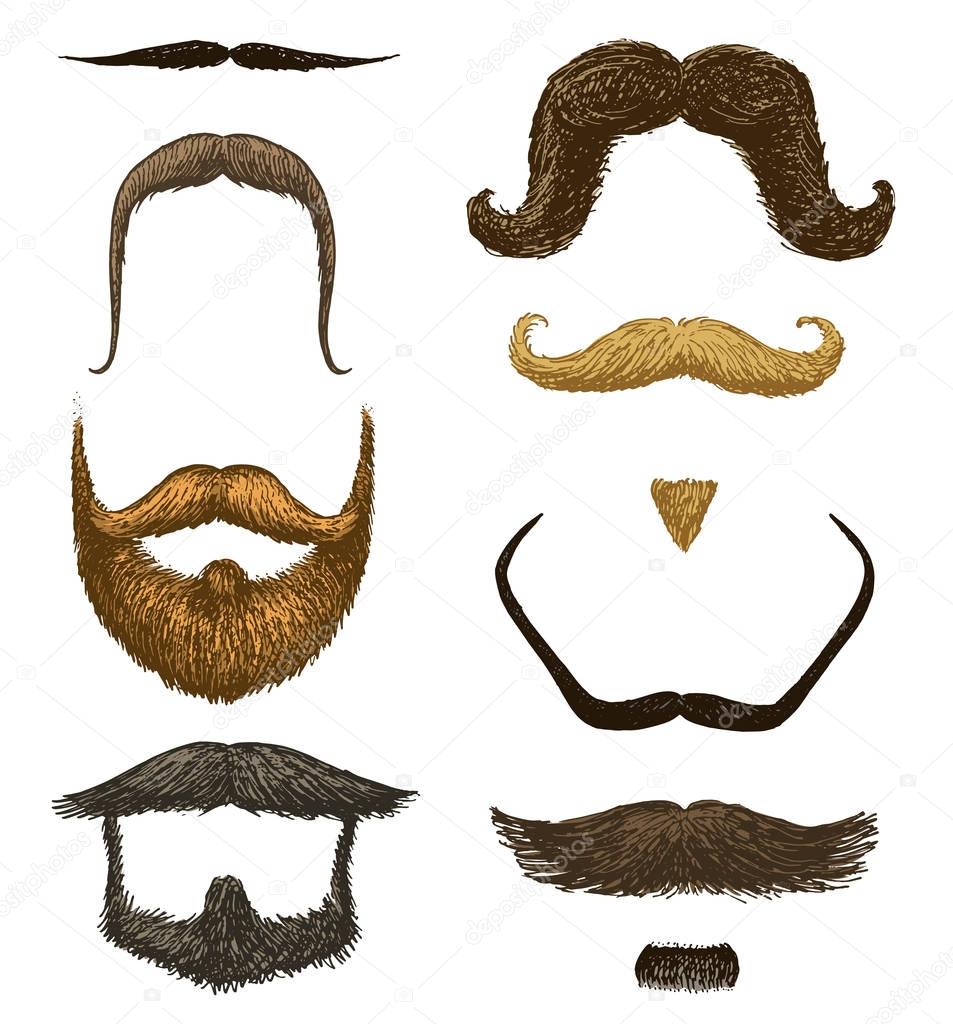 Set of mustache and funny beard of men, hipster and retro barber or hairdresser on transparent background. engraved hand drawn in old sketch, vintage style for packaging and signage.