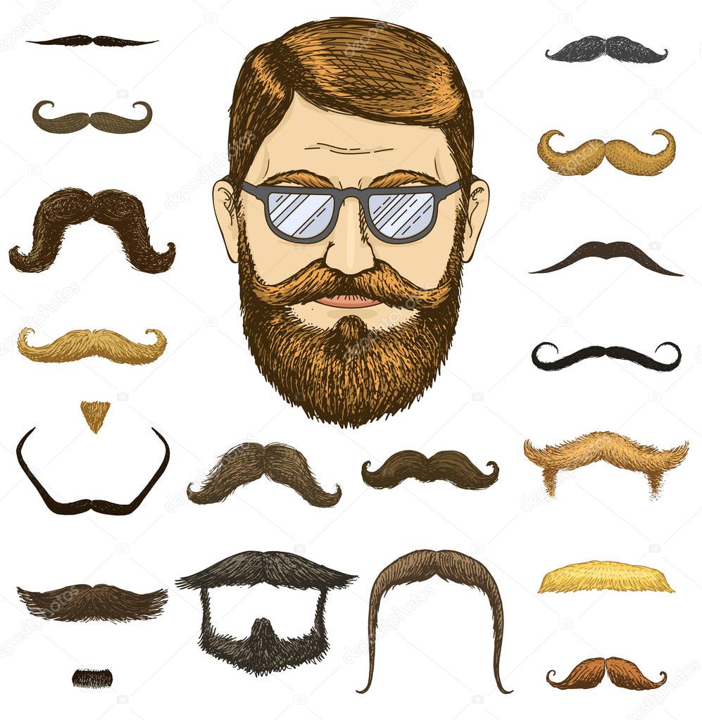 Set of mustache and funny beard. men and fashion. hipster and retro barber or hairdresser on transparent background. engraved hand drawn in old sketch, vintage style for packaging and signage.