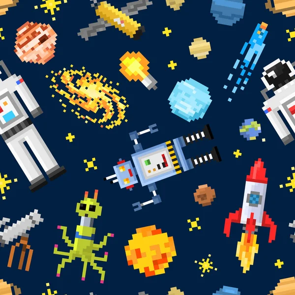 Ruimte naadloze patroon achtergrond buitenaardse spaceman, robot raket en satelliet kubussen zonnestelsel planeten pixel kunst, digitale vintage spelstijl. Mercurius, Venus, aarde, Mars, Jupiter, Saturnus. — Stockvector