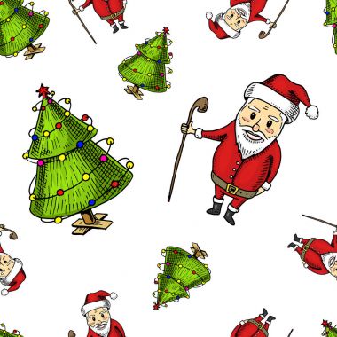 seamless modeli ağaç ve Noel Baba. Neşeli Noel ve Noel, yeni yıl koleksiyonu. Kış tatil dekorasyon. oyulmuş elle kaydırma için eski kroki ve vintage tarzı çizilmiş.