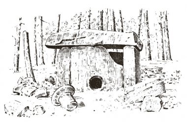 eski mağara. bir adam kalıntıları olan tarih öncesi ev ahşap veya taş rock. Orman manzara. bozulmamış medeniyetler yaşam alanı. yakın çekim. oyulmuş elle çizilmiş eski kroki, vintage tarzı.