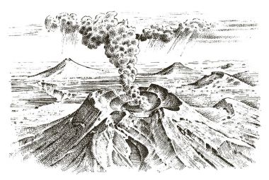 magma, patlama ve lav veya doğa felaket önce duman ile yanardağ etkinliği. macera seyahat etmek için. dağ manzaraları. oyulmuş elle çizilmiş eski kroki, vintage tarzı.