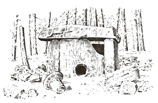 eski mağara. bir adam kalıntıları olan tarih öncesi ev ahşap veya taş rock. Orman manzara. bozulmamış medeniyetler yaşam alanı. yakın çekim. oyulmuş elle çizilmiş eski kroki, vintage tarzı.