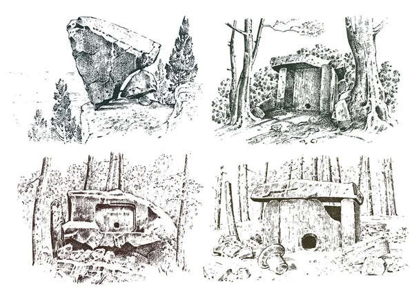 Ensemble ancienne grotte. maison préhistorique en bois ou pierre avec les restes d'un homme. paysage forestier. habitat de civilisations vierges. de près. gravé à la main dessiné dans un vieux croquis, style vintage . — Image vectorielle