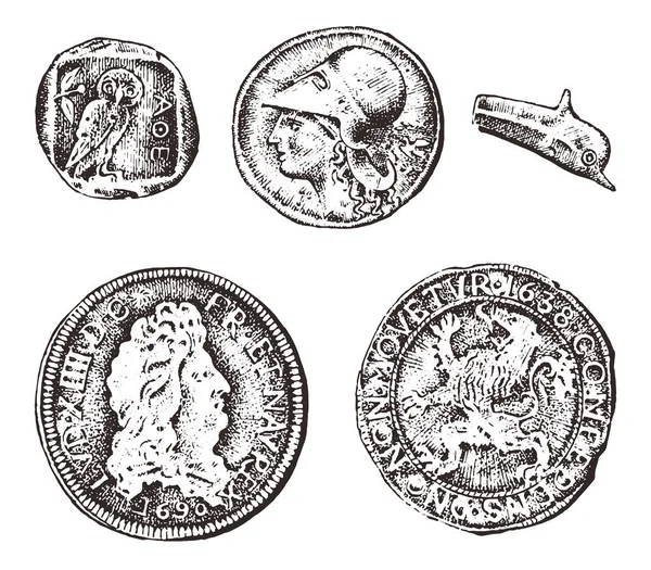 Antike Münzen oder Gold- und Silbergeld. römische und griechische Geldbelohnung. Handgravur in alter Skizze, Vintage-Stil. — Stockvektor