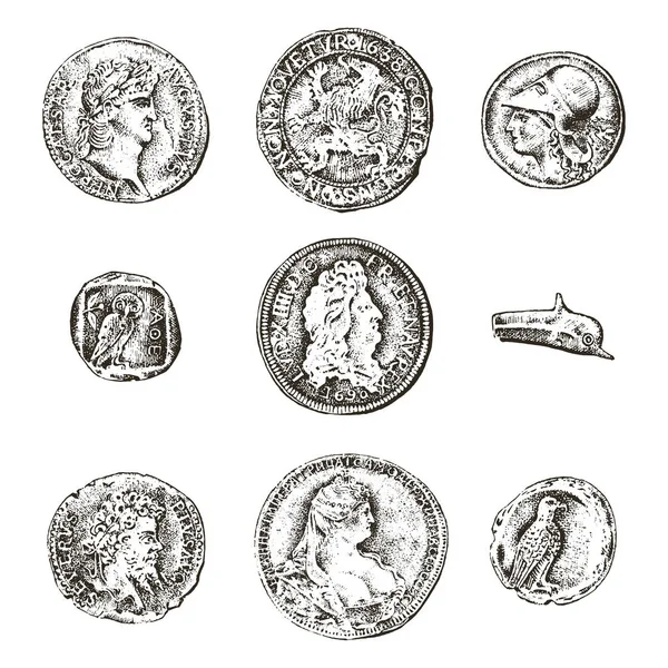 Stel oude munten of geld. Romeinse en Griekse cash beloning. gegraveerde hand getrokken in oude schets, vintage stijl. — Stockvector