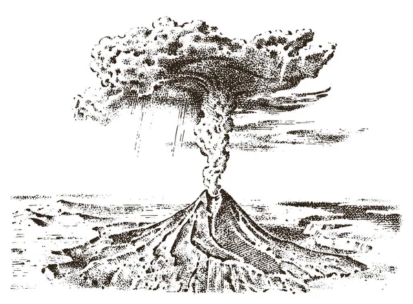 De activiteit van de vulkaan met magma, rook vóór de uitbarsting en de lava of natuur-ramp. voor reizen, avontuur. berglandschappen. gegraveerde hand getrokken in oude schets, vintage stijl. — Stockvector