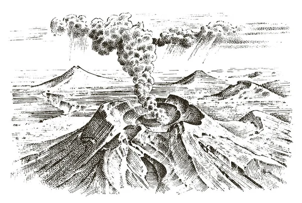 Vulkanaktivität mit Magma, Rauch vor dem Ausbruch und Lava oder Naturkatastrophen. für Reisen, Abenteuer. Berglandschaften. Handgravur in alter Skizze, Vintage-Stil. — Stockvektor