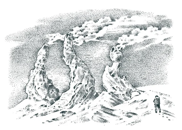 Δραστηριότητα του ηφαιστείου με μάγμα, καπνό πριν από την έκρηξη και καταστροφή λάβα ή τη φύση. για το ταξίδι, περιπέτεια. ορεινά τοπία. χαραγμένο χέρι σε παλιό σκίτσο, vintage στυλ. — Διανυσματικό Αρχείο