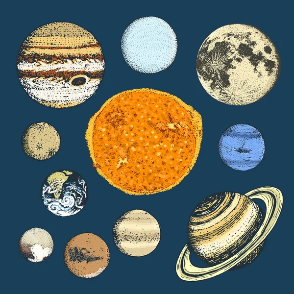 Planetas no sistema solar. lua e o sol, mercúrio e terra, marés e vênus, Júpiter ou saturno e pluto. espaço astronómico galáctico. mão gravada desenhada em esboço antigo, estilo vintage para etiqueta . — Vetor de Stock