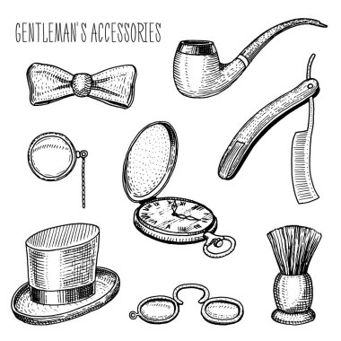 Beyefendi aksesuarları. hippi ya da işadamı, Victoria dönemi. oyulmuş elle çizilmiş eski vintage kroki. Silindir şapka, Sigara boru, ustura, tek gözlük, gözlük, tıraş fırçası, kelebek kravat.