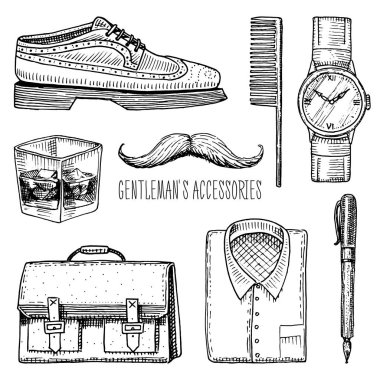 gentleman accessories. hipster or businessman, victorian era. engraved hand drawn vintage. brogues and fountain pen, briefcase and pouch, comb and wristwatch, mustache and shirt, a glass of whiskey. clipart