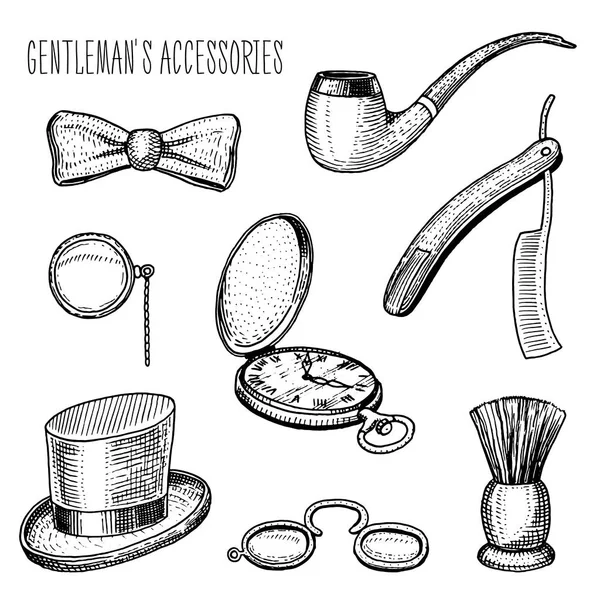 紳士アクセサリー。流行に敏感なビジネスマン、ビクトリア朝時代。古いヴィンテージのスケッチに描かれた刻まれた手。円柱帽子、喫煙パイプ、ストレートかみそり、モノクル、鼻眼鏡、シェービング ブラシ、蝶ネクタイ. — ストックベクタ